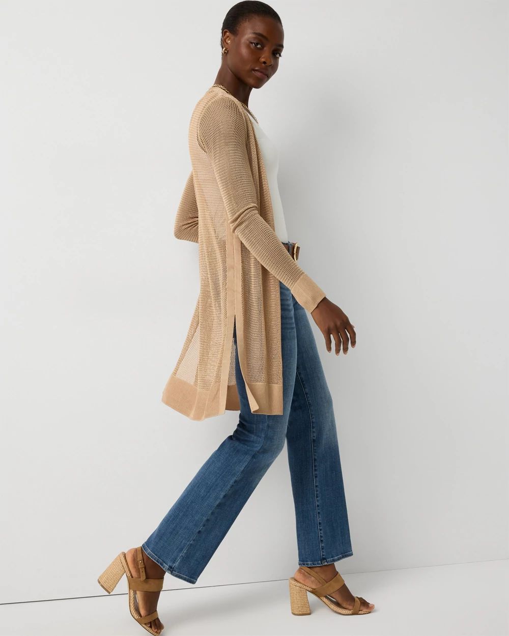 シシクイ　hole s long beige Open Stitch Longline Cardigan | White House Black Market